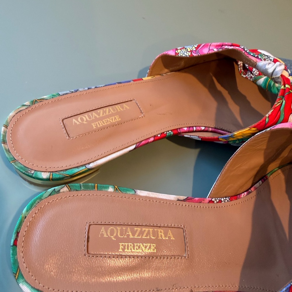 Aquazzura Firenze Denim Floral Pointed Toe Mule Flats Size 37.5 - Picture 3 of 7